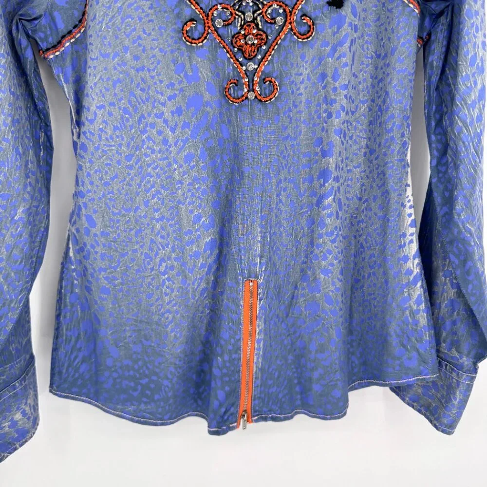 Roar Embellished Western Button-Down Shirt Blue Leopard Print M